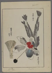 Japanse speelgoed, uit Unai no tomo (Vrienden van een kind) door Shimizu Seifu, 1891-1923. Gevederde shuttlecocks, borstel.